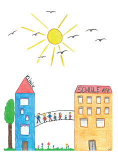 Schülerinnen und Schüler stehen auf einer Brücke zwischen Schule und Krankenhaus